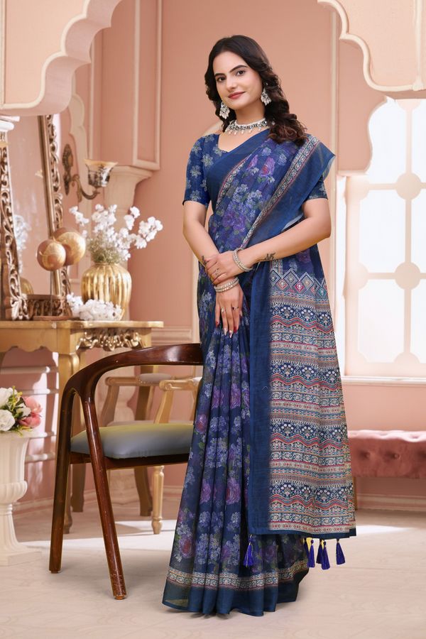 Buy Navy Blue Floral Printed Linen Cotton Saree for Festive