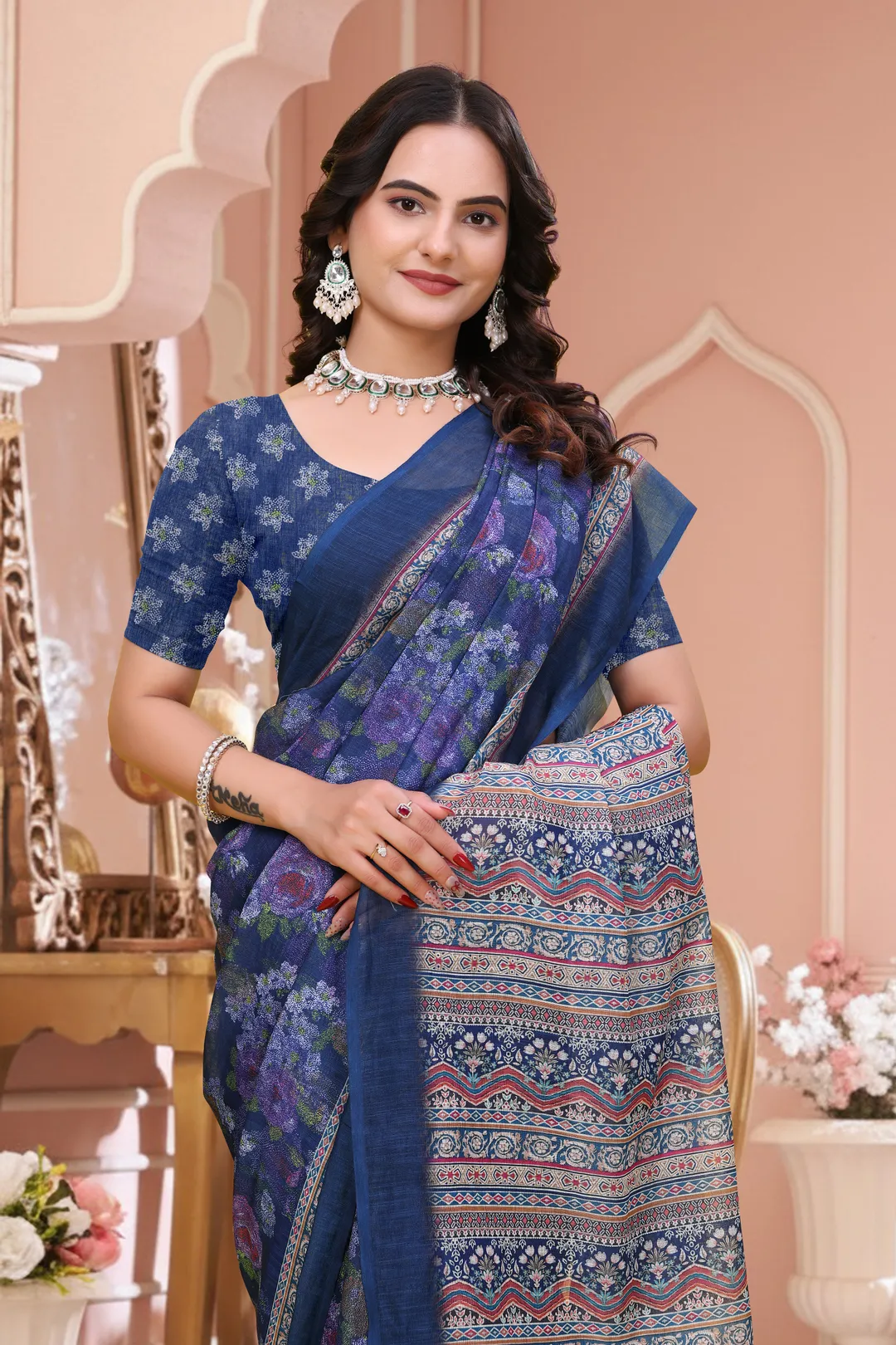Buy Navy Blue Floral Printed Linen Cotton Saree for Festive