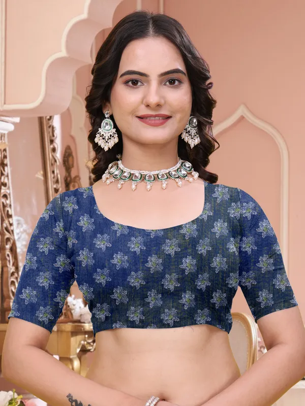 Buy Navy Blue Floral Printed Linen Cotton Saree for Festive