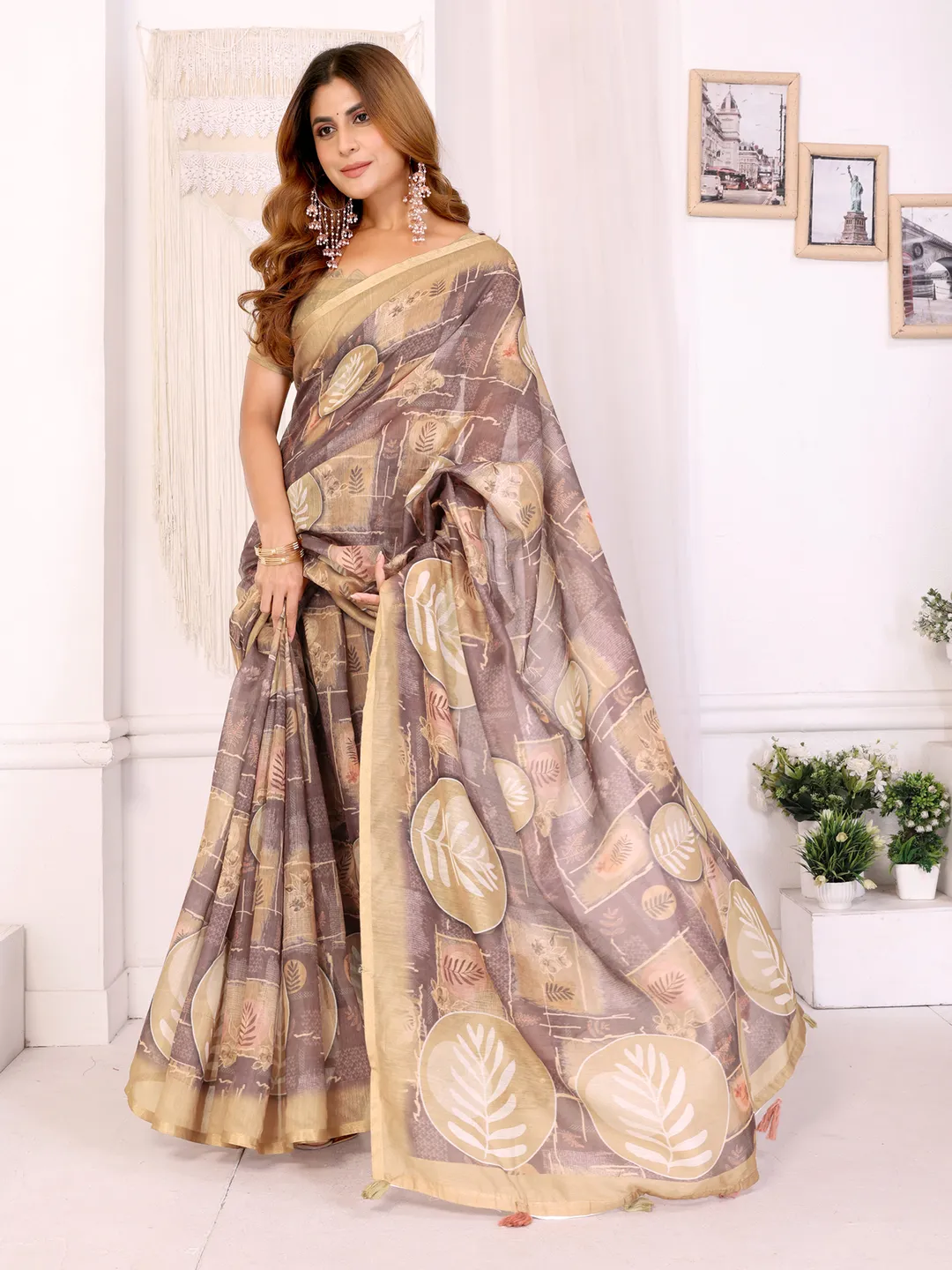 Buy Beige Floral Chanderi Cotton Saree with Printed Borders