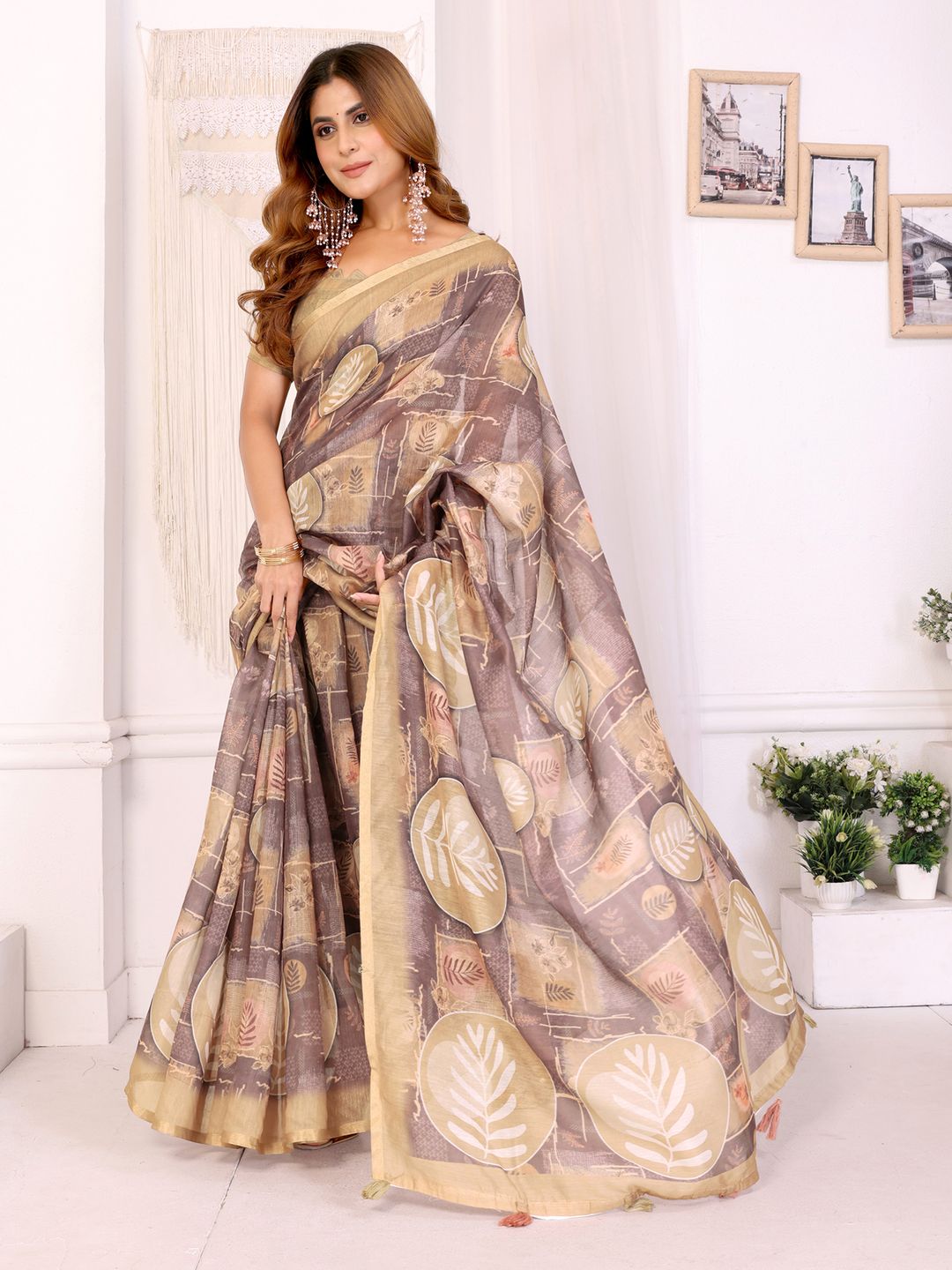 Buy Beige Floral Chanderi Cotton Saree with Printed Borders