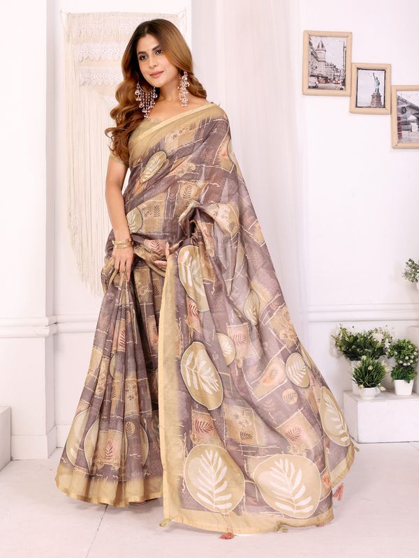 Buy Beige Floral Chanderi Cotton Saree with Printed Borders