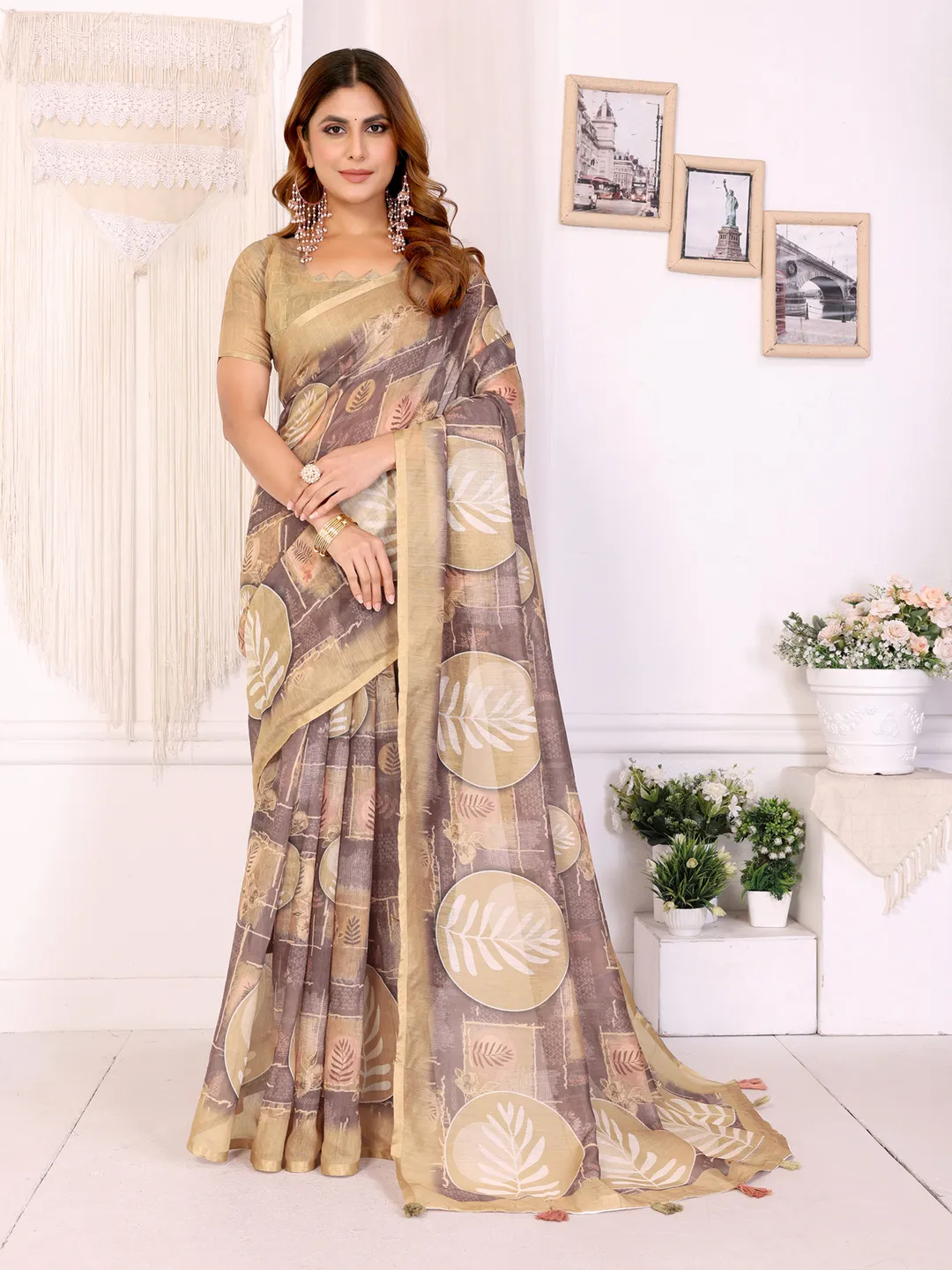 Buy Beige Floral Chanderi Cotton Saree with Printed Borders
