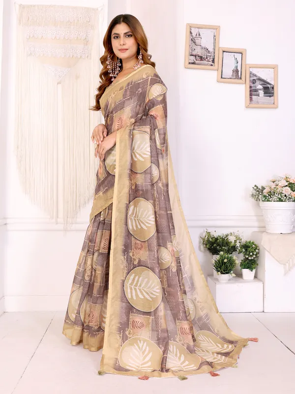 Buy Beige Floral Chanderi Cotton Saree with Printed Borders