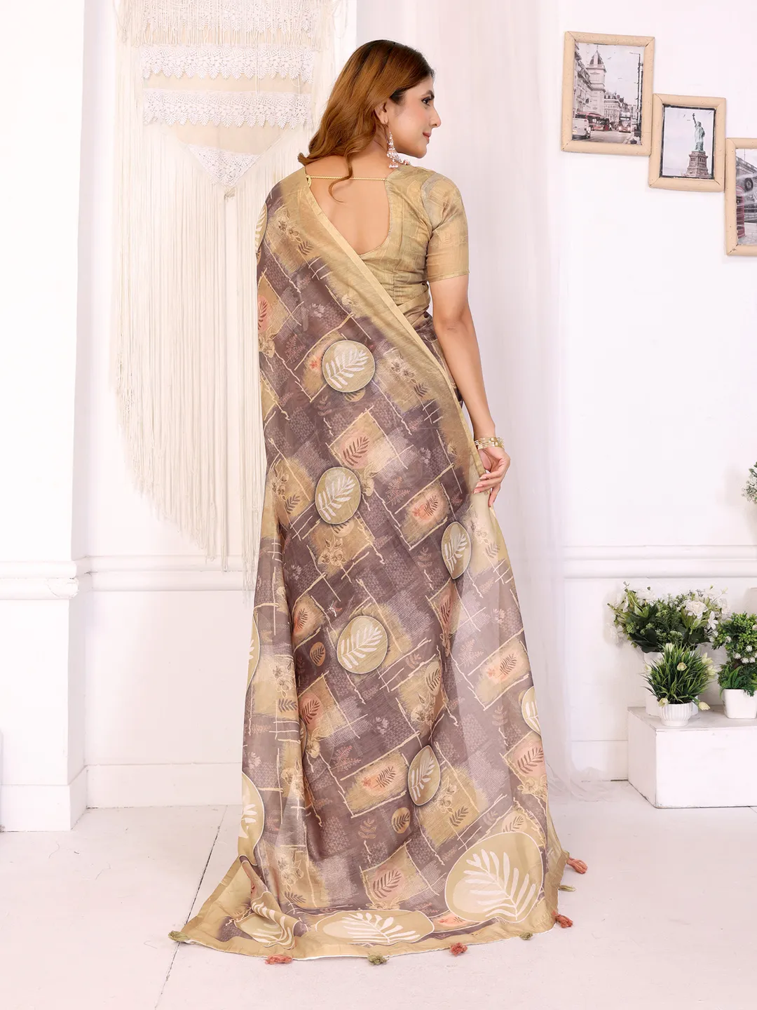 Buy Beige Floral Chanderi Cotton Saree with Printed Borders