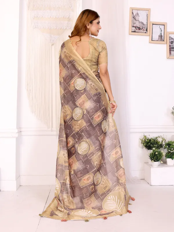 Buy Beige Floral Chanderi Cotton Saree with Printed Borders