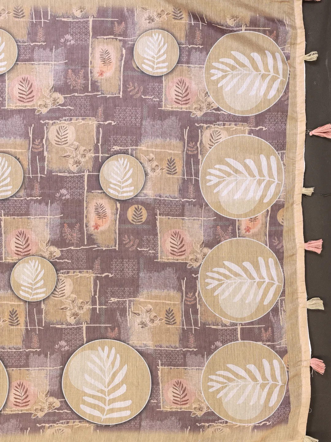 Buy Beige Floral Chanderi Cotton Saree with Printed Borders