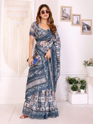 Ivory Chanderi Cotton Saree with Blue Ethnic Print Border