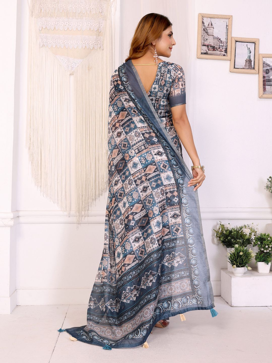 Ivory Chanderi Cotton Saree with Blue Ethnic Print Border