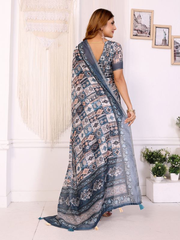 Ivory Chanderi Cotton Saree with Blue Ethnic Print Border