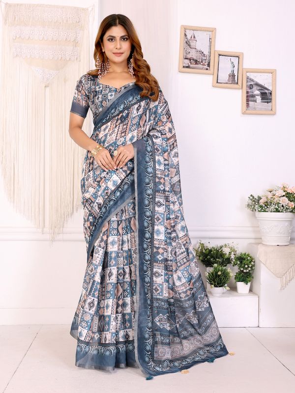 Ivory Chanderi Cotton Saree with Blue Ethnic Print Border