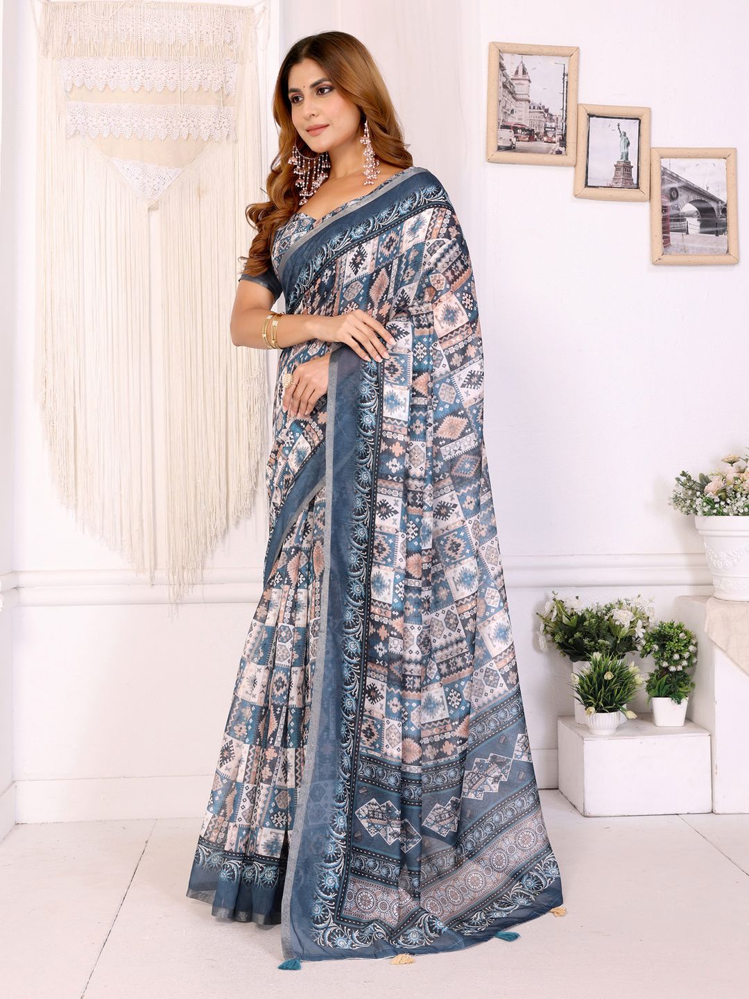 Ivory Chanderi Cotton Saree with Blue Ethnic Print Border