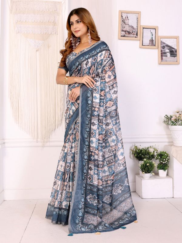 Ivory Chanderi Cotton Saree with Blue Ethnic Print Border