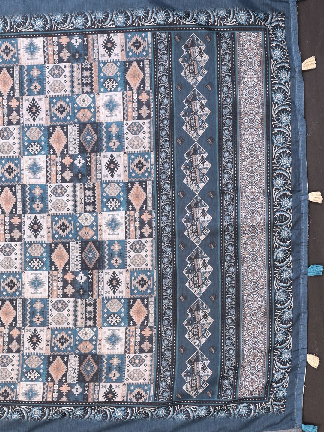 Ivory Chanderi Cotton Saree with Blue Ethnic Print Border