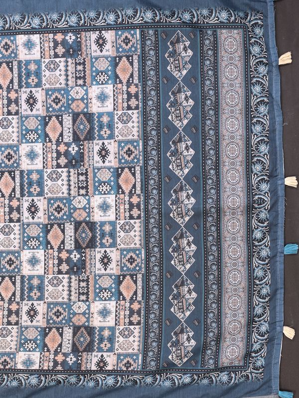 Ivory Chanderi Cotton Saree with Blue Ethnic Print Border