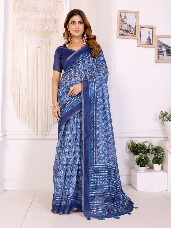 Pure Indigo Chanderi Cotton Saree with Floral Print Borders