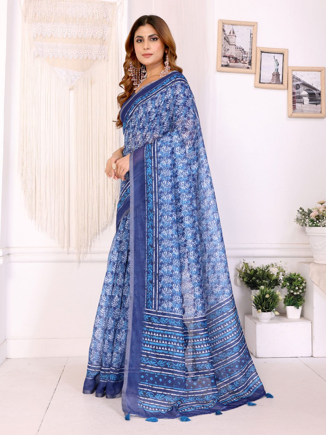 Pure Indigo Chanderi Cotton Saree with Floral Print Borders