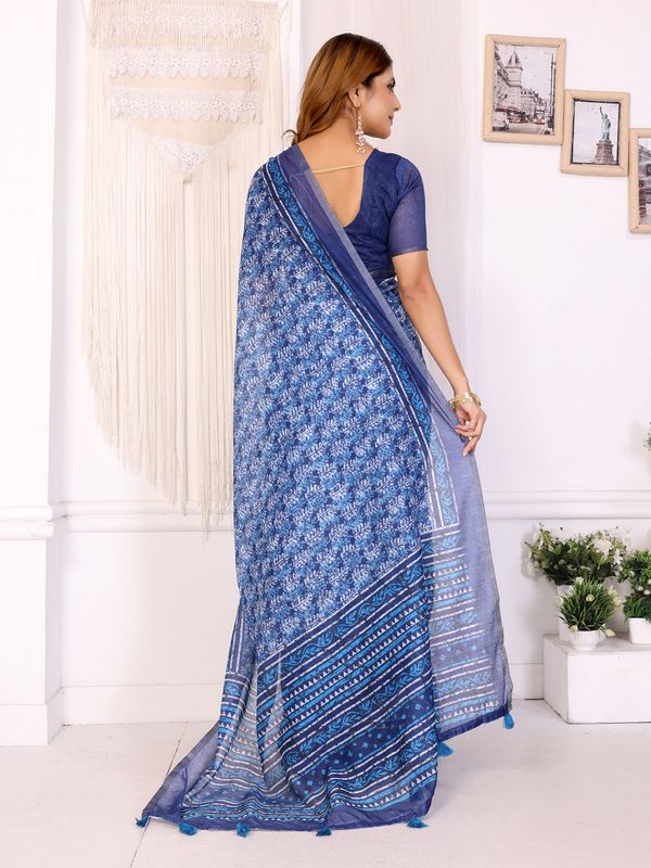 Pure Indigo Chanderi Cotton Saree with Floral Print Borders
