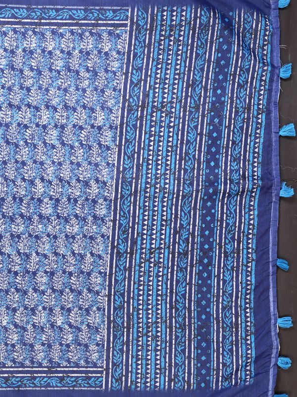 Pure Indigo Chanderi Cotton Saree with Floral Print Borders