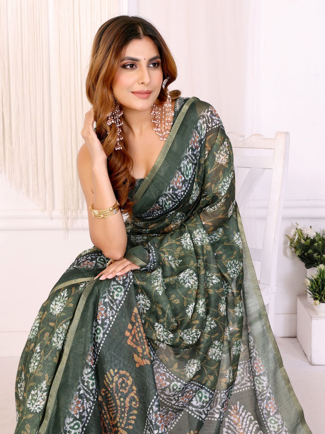 Olive Green Chanderi Cotton Botanical Print Saree for Women