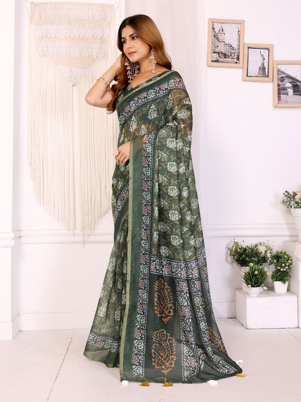 Olive Green Chanderi Cotton Botanical Print Saree for Women