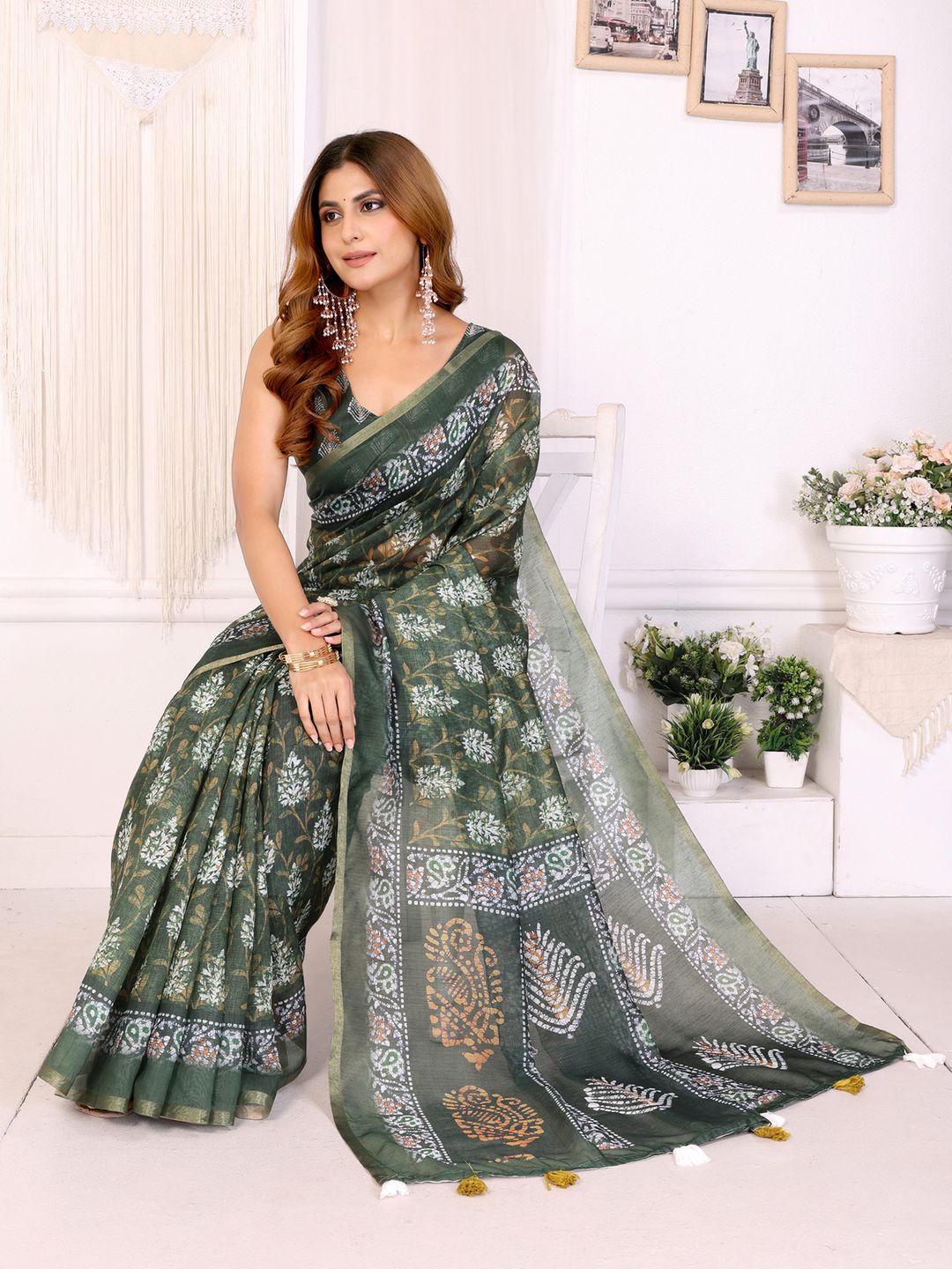 Olive Green Chanderi Cotton Botanical Print Saree for Women