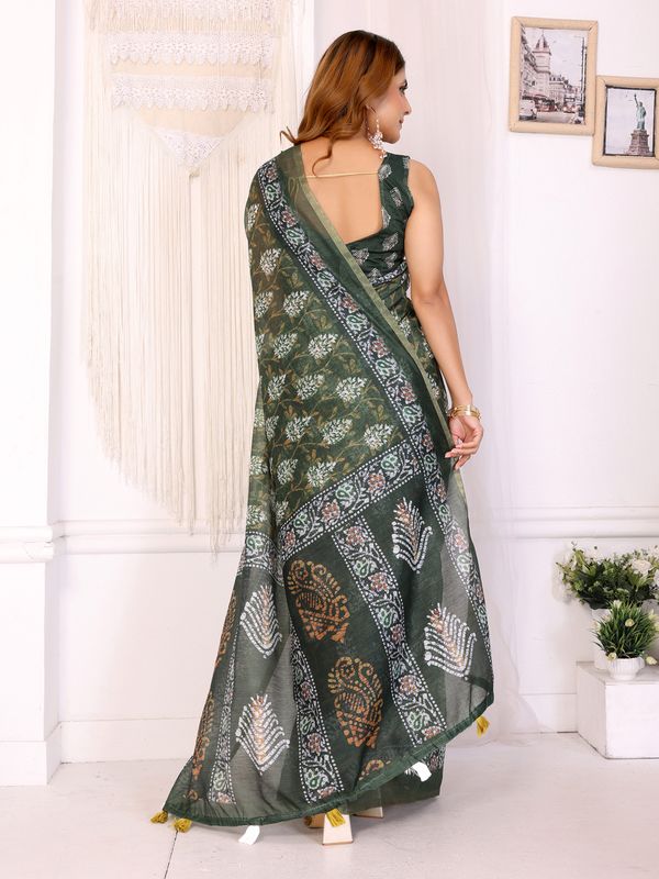 Olive Green Chanderi Cotton Botanical Print Saree for Women