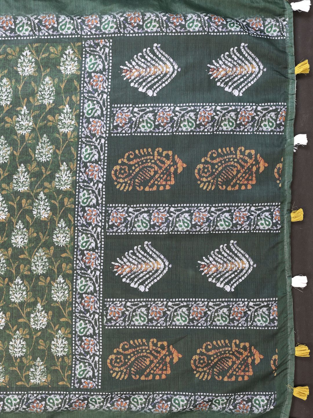 Olive Green Chanderi Cotton Botanical Print Saree for Women