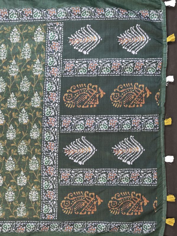 Olive Green Chanderi Cotton Botanical Print Saree for Women
