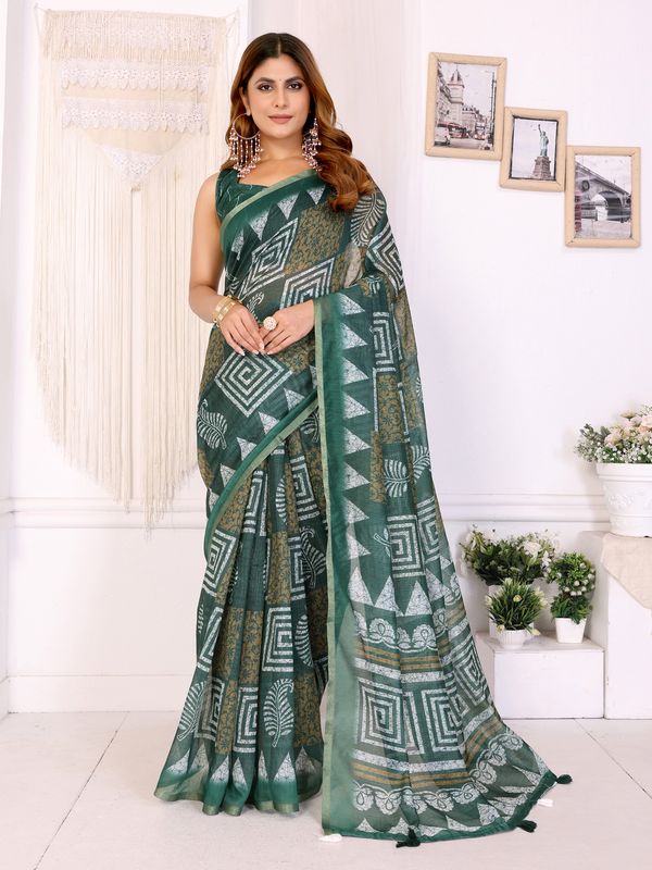 Forest Green Chanderi Cotton Geometric Print Saree | Women