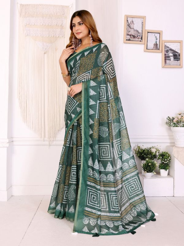 Forest Green Chanderi Cotton Geometric Print Saree | Women