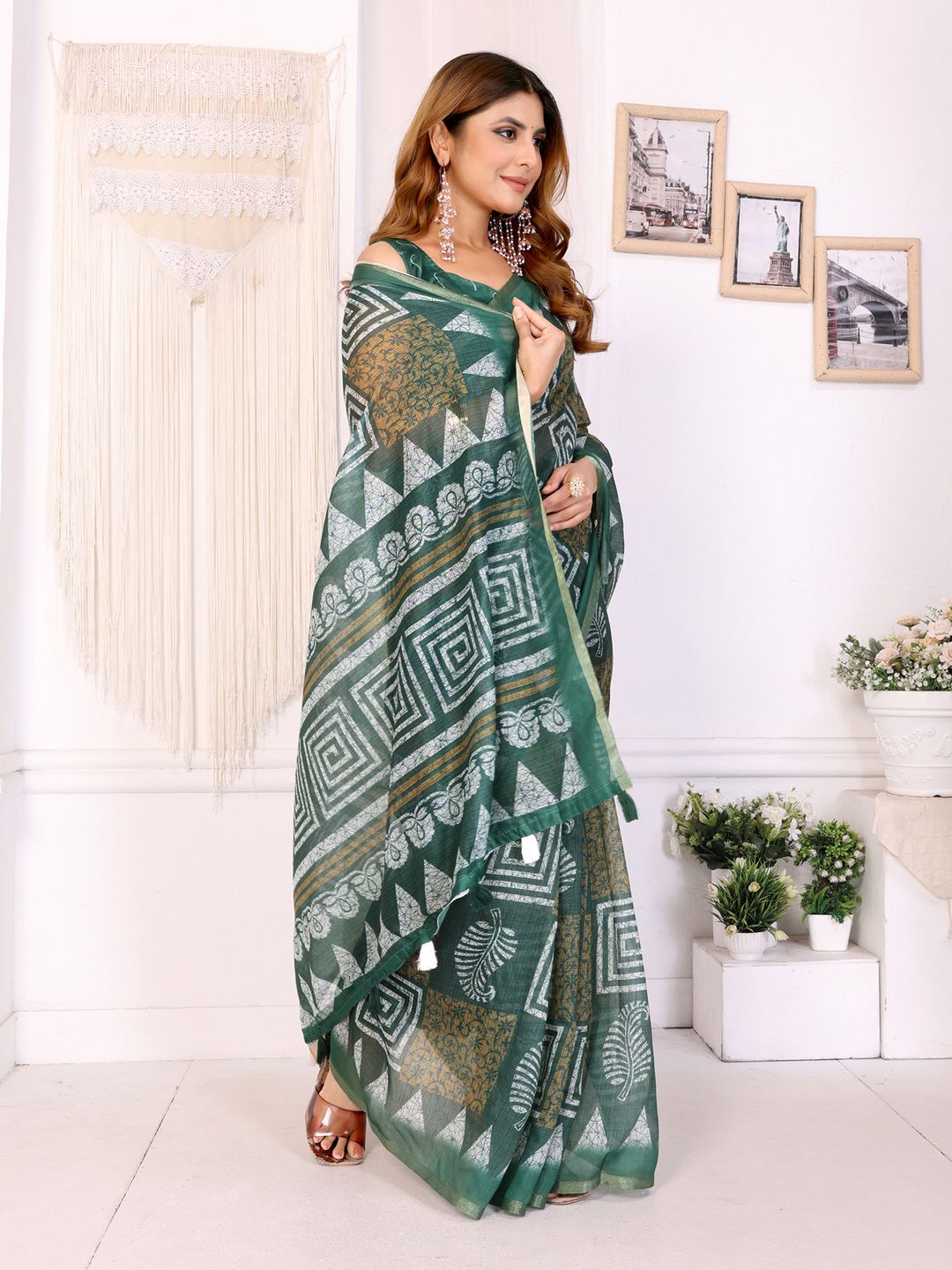 Forest Green Chanderi Cotton Geometric Print Saree | Women