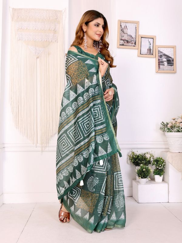 Forest Green Chanderi Cotton Geometric Print Saree | Women