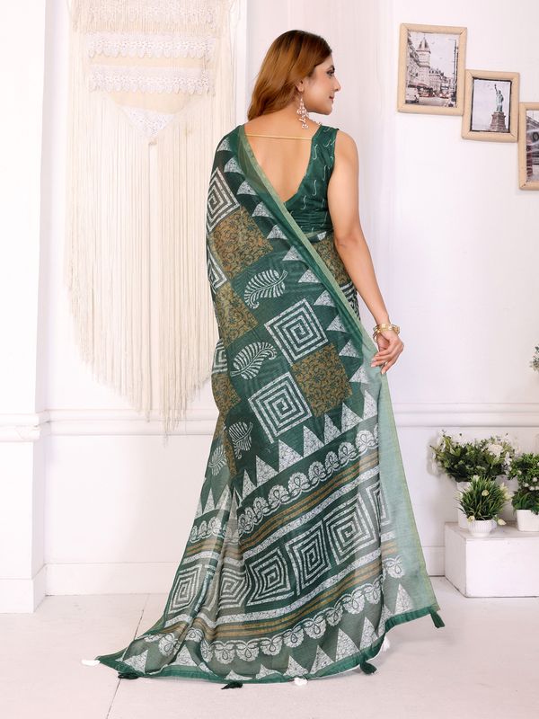 Forest Green Chanderi Cotton Geometric Print Saree | Women