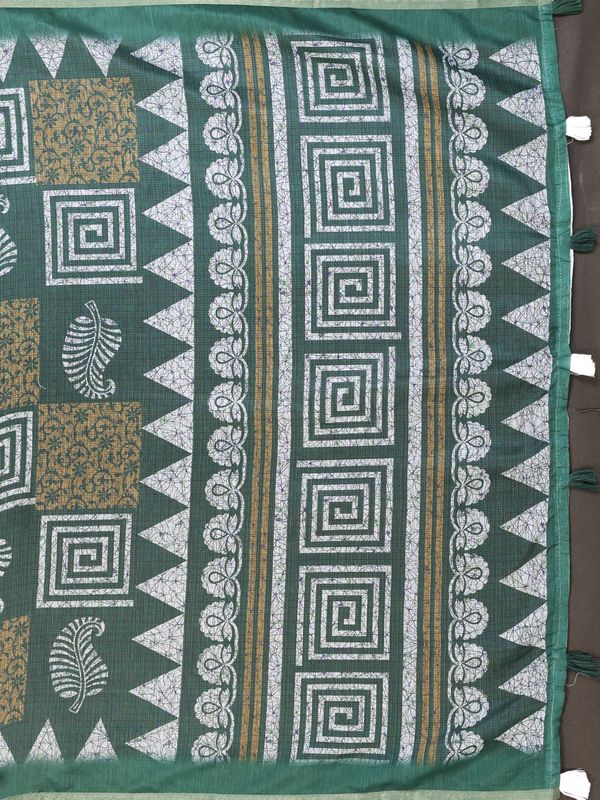 Forest Green Chanderi Cotton Geometric Print Saree | Women