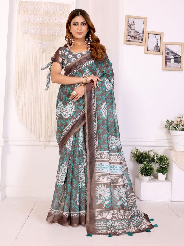 Mocha Brown Chanderi Cotton Floral Print Saree for Women