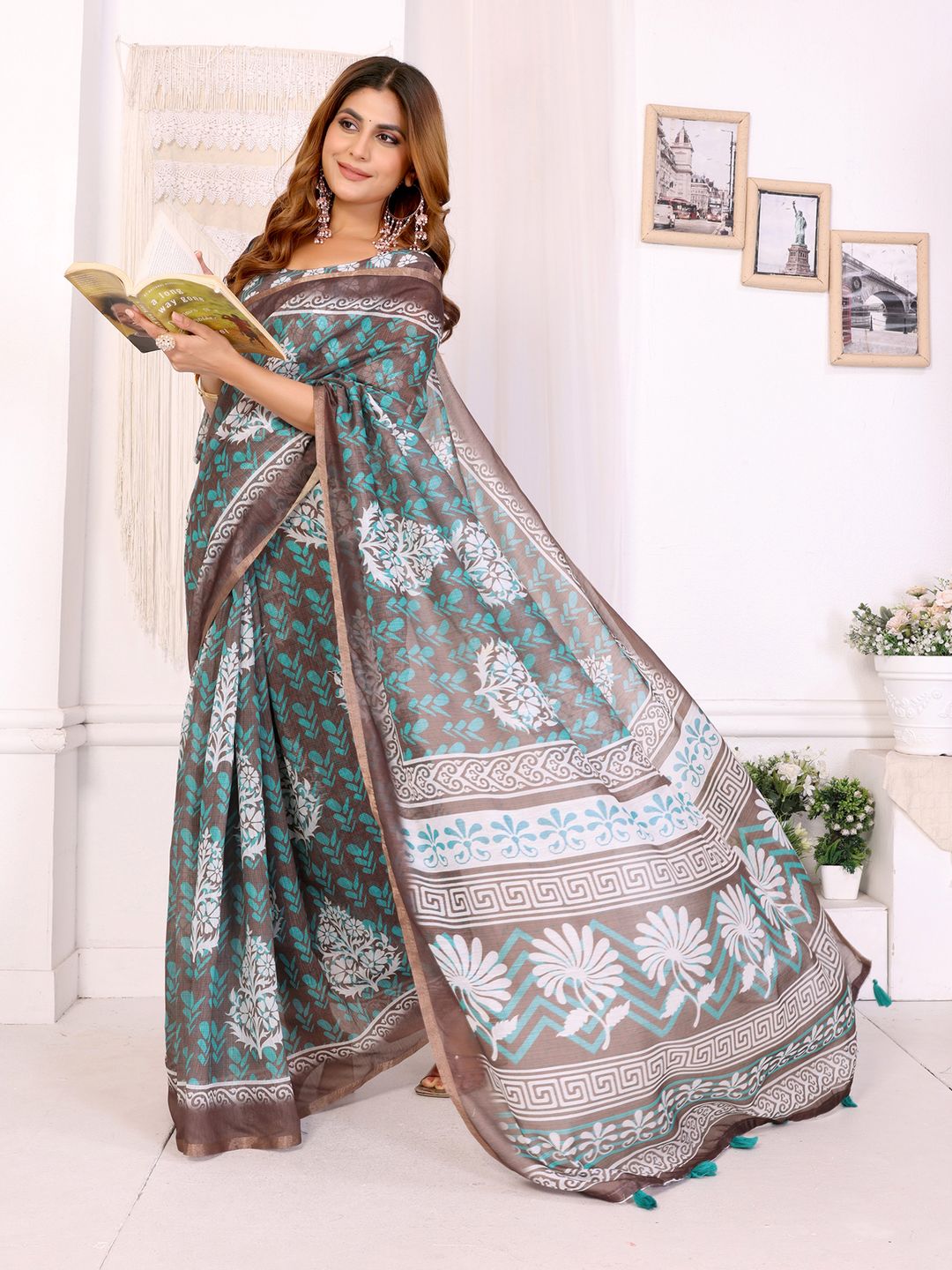 Mocha Brown Chanderi Cotton Floral Print Saree for Women
