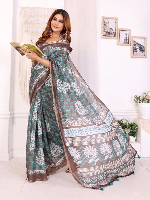 Mocha Brown Chanderi Cotton Floral Print Saree for Women