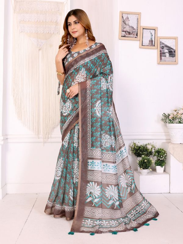 Mocha Brown Chanderi Cotton Floral Print Saree for Women