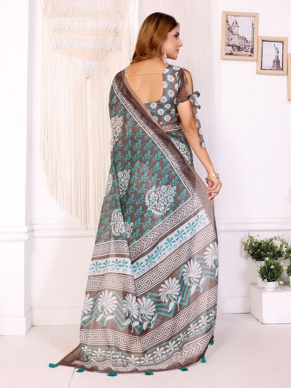 Mocha Brown Chanderi Cotton Floral Print Saree for Women