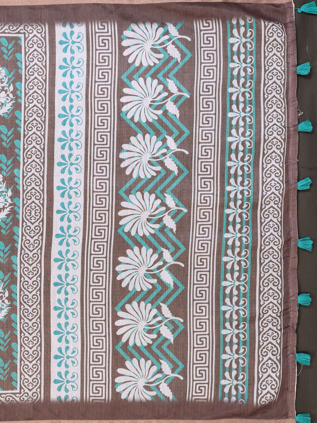 Mocha Brown Chanderi Cotton Floral Print Saree for Women