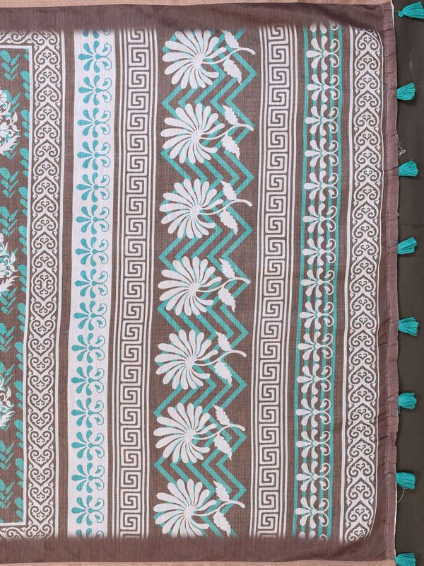 Mocha Brown Chanderi Cotton Floral Print Saree for Women