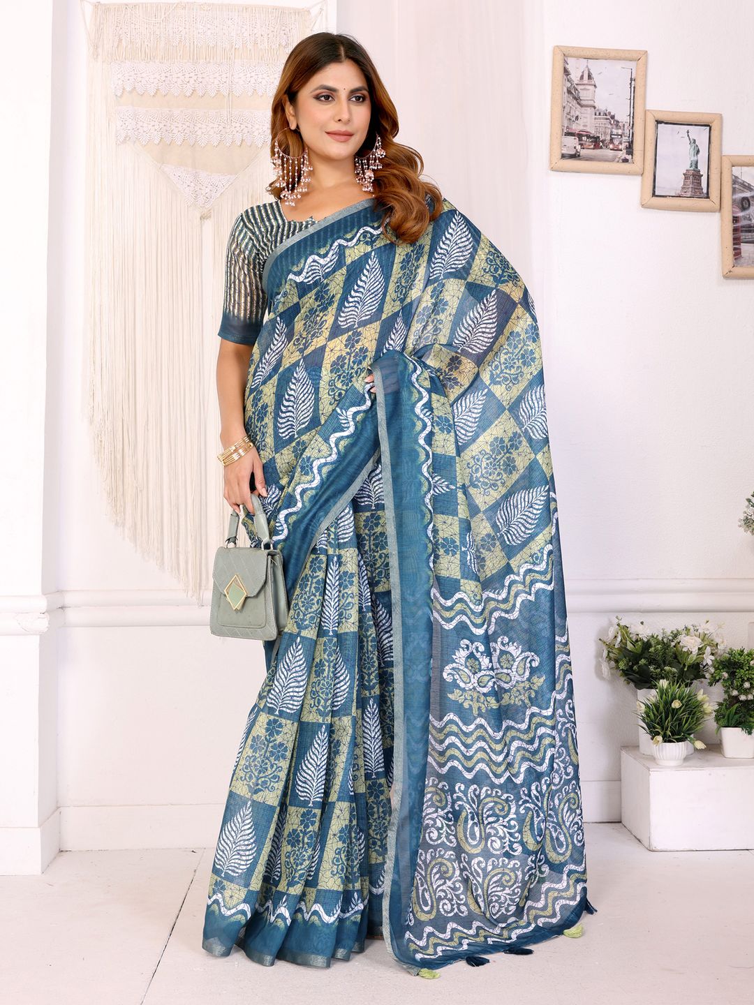 Stylish Chanderi Cotton Saree in Blue Green Printed Pattern