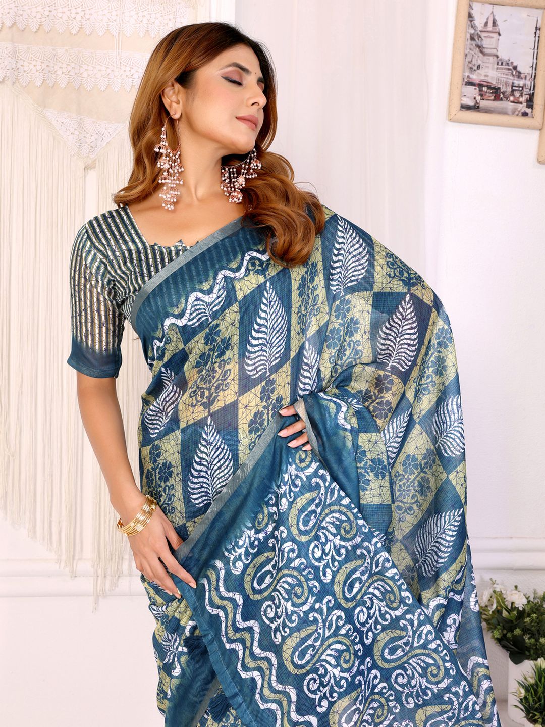 Stylish Chanderi Cotton Saree in Blue Green Printed Pattern