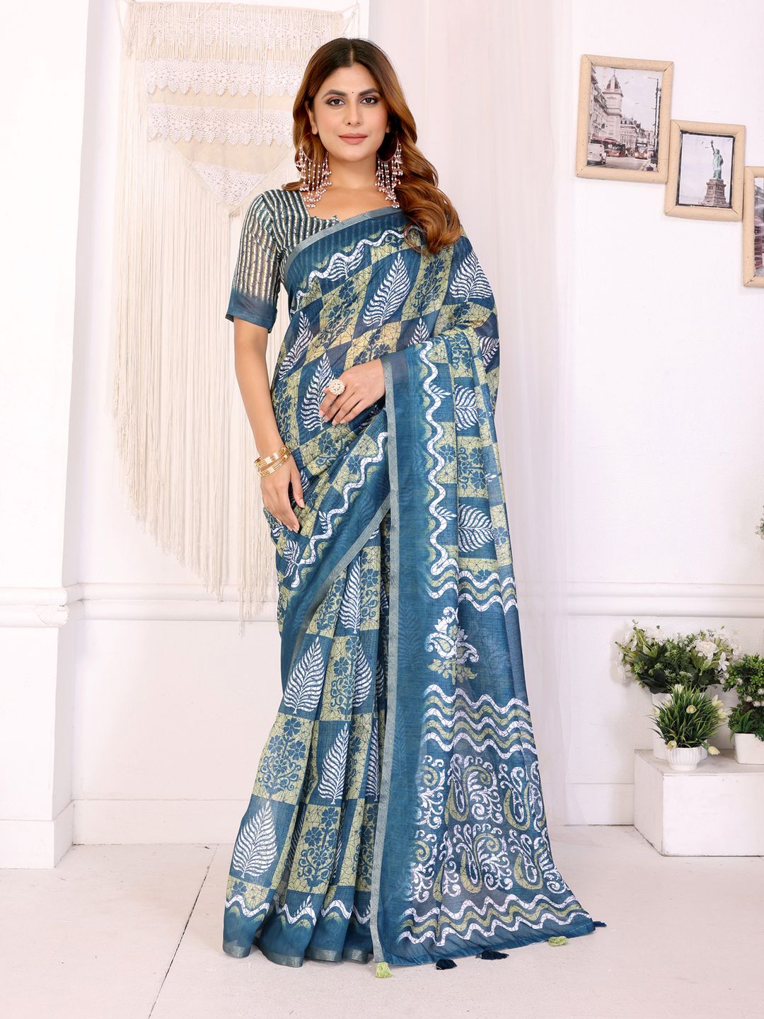 Stylish Chanderi Cotton Saree in Blue Green Printed Pattern