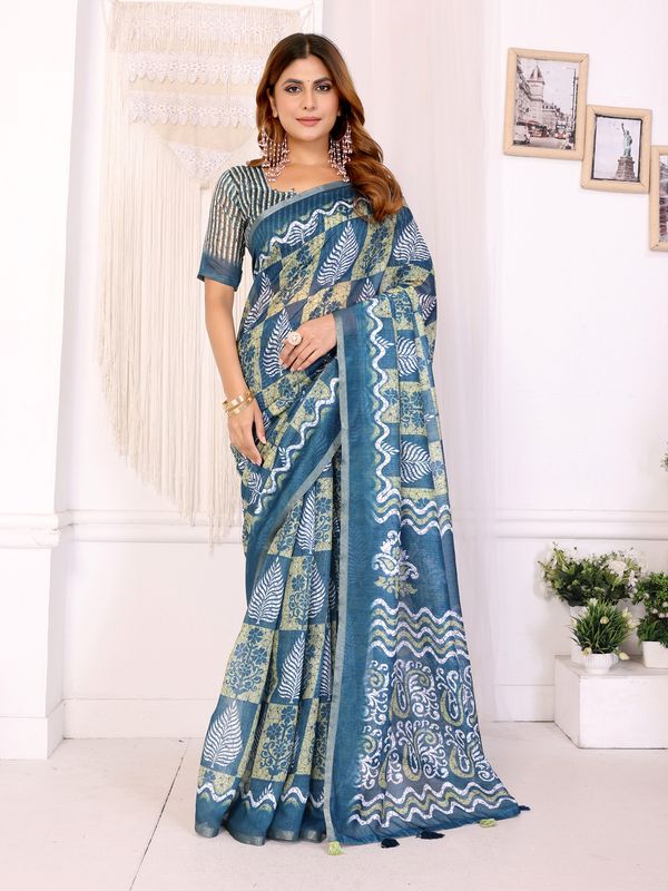 Stylish Chanderi Cotton Saree in Blue Green Printed Pattern