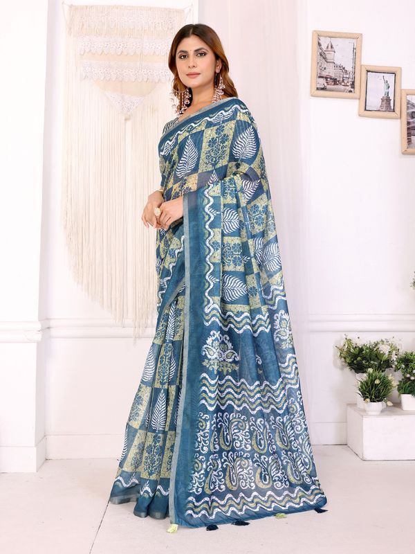 Stylish Chanderi Cotton Saree in Blue Green Printed Pattern
