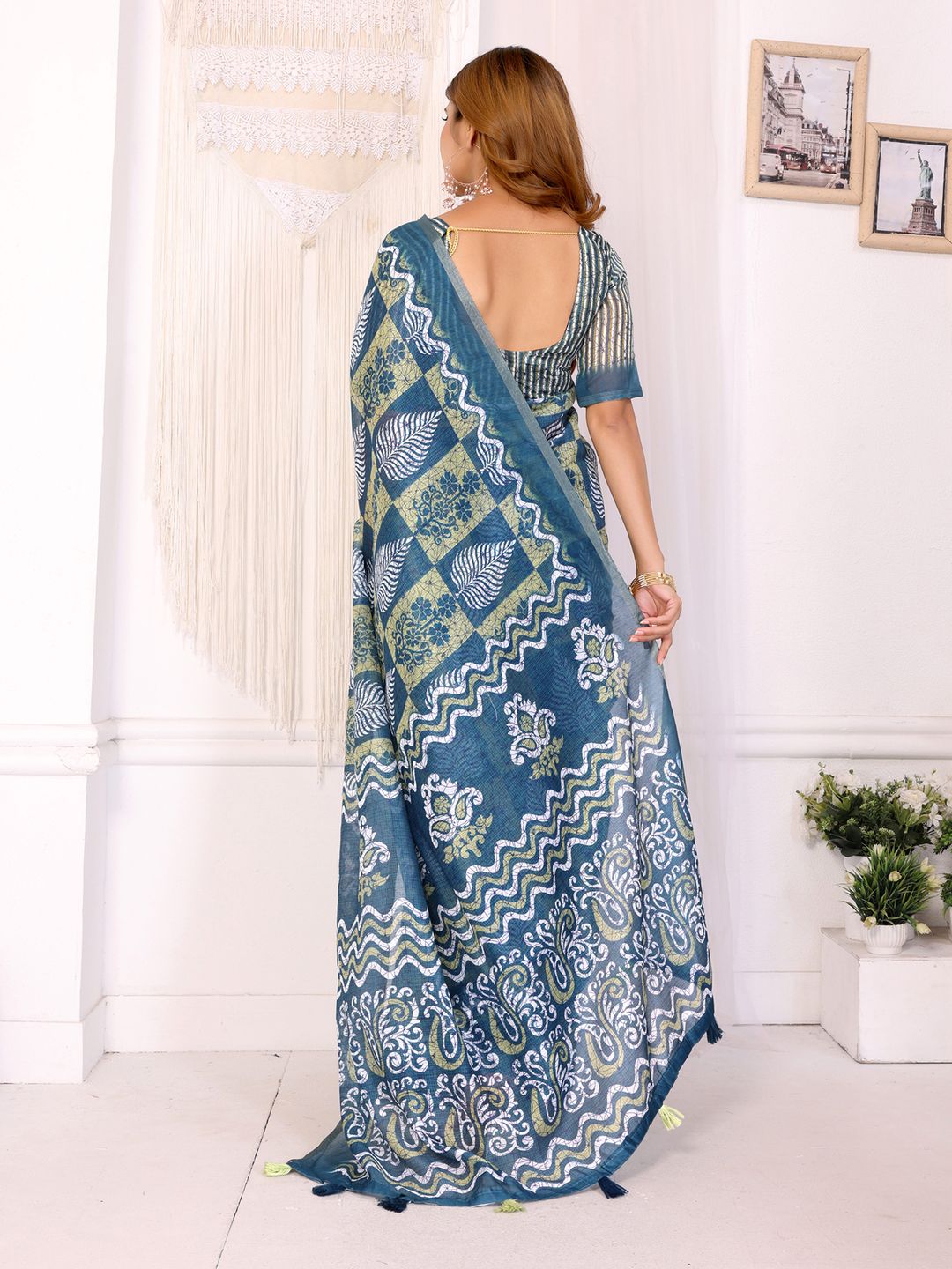Stylish Chanderi Cotton Saree in Blue Green Printed Pattern