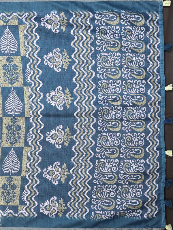 Stylish Chanderi Cotton Saree in Blue Green Printed Pattern