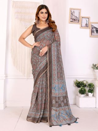 Mocha Brown Chanderi Cotton Floral Print Saree with Borders